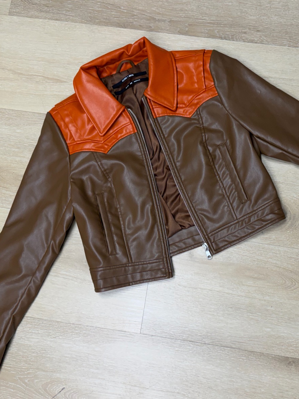 silence + noise Two-Tone Faux Leather Cropped Jacket in Orange & Brown